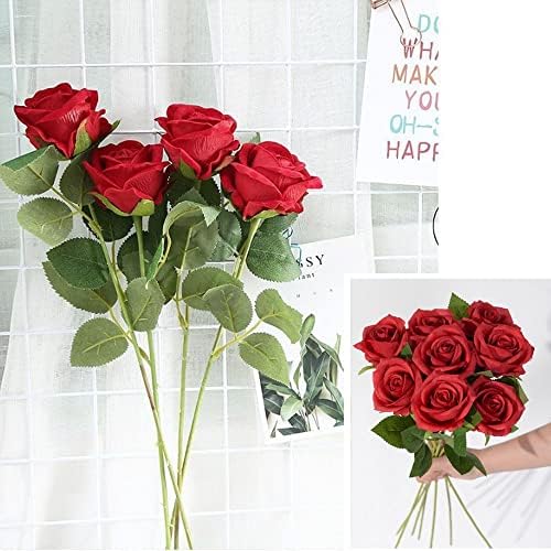 GEYIWSSXY Artificial Flowers,10 Pcs Single Long Stem Fake Rose Silk Flowers Faux Rose Bridal Bouquet Realistic Flower Bouquet for Wedding Party Office Home Decor(Red Rose)