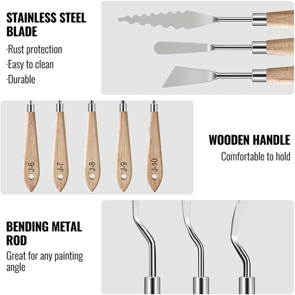 Generic 10pcs Painting Wood Grip Handle Stainless Steel Palette Set Oil Metal Color Mixing