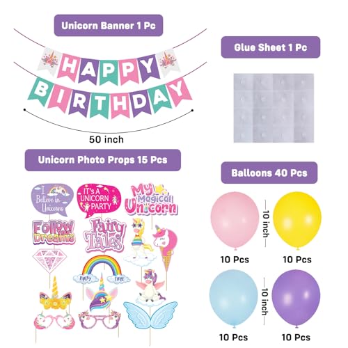 Image of Party Propz Unicorn Theme Birthday Decoration Kit -57 Pcs ,Happy Birthday Banner, Multicolor Balloons for Birthday Events, Unicorn Photo Props & Glue Sheet ,Decoration Kit for Girls (Cardstock)