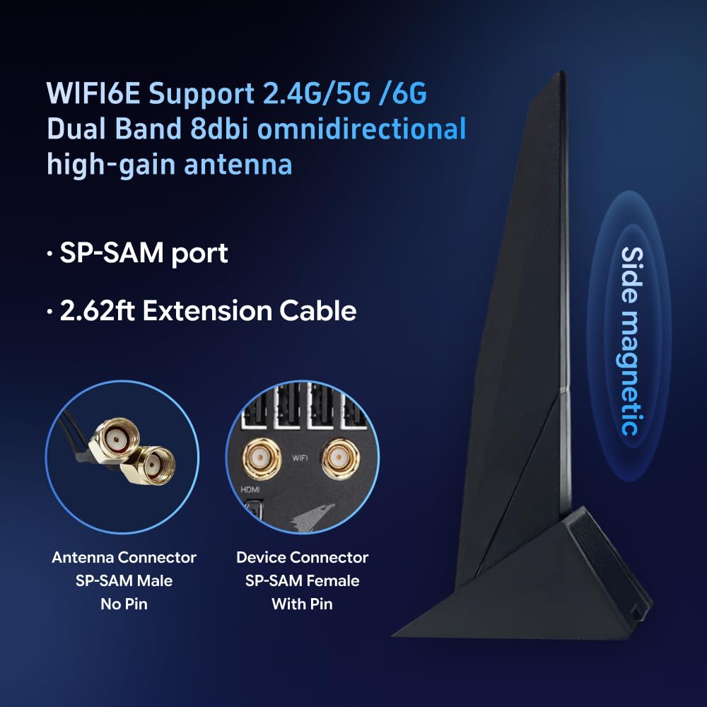 SAMXI SMA Antenne mobile WiFi Carte mère 2T2R 2.4G/5G WiFi6e pour ASUS Rog Strix Z270 Z370 X370 Z390 Z490 X570 Antenne de jeu double bande avec câble d'extension