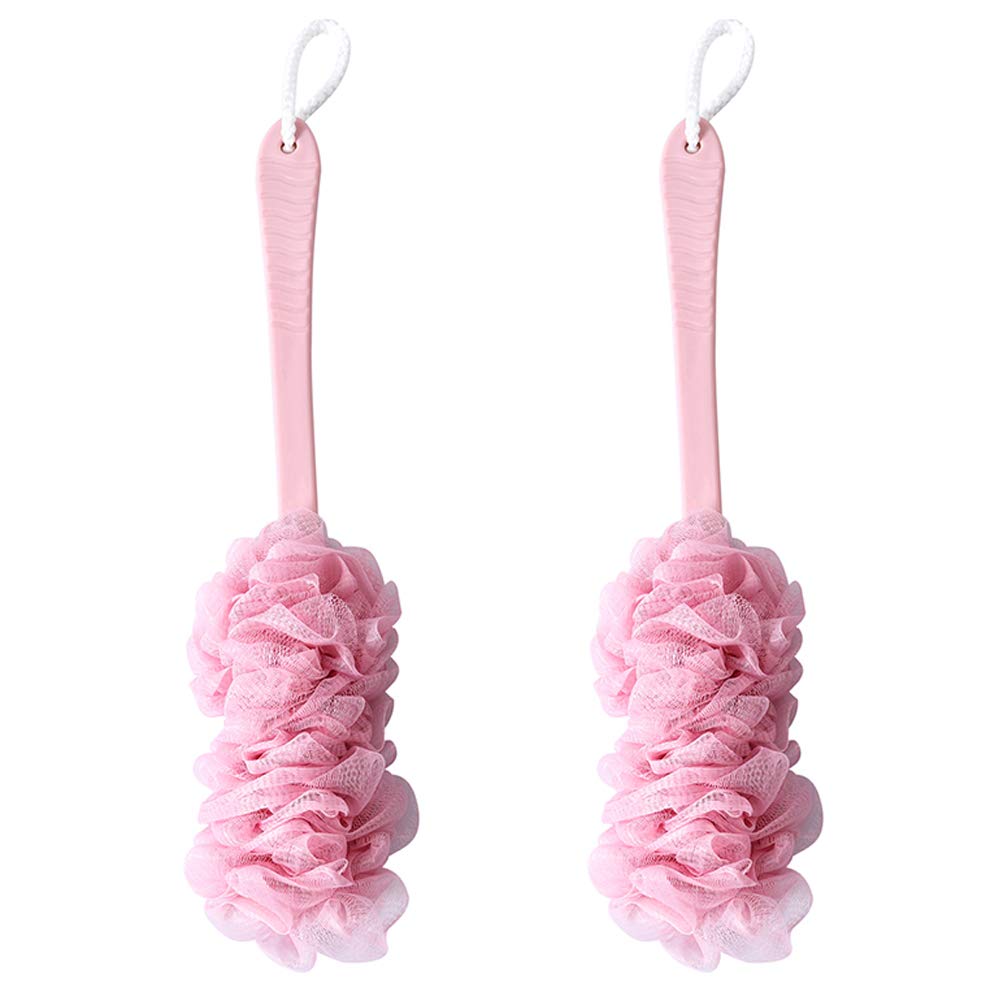 2 PACK Pink Soft Loofah Shape Sponge Exfoliating Mesh Back Scrubber Shower Bath Brush with Long Handle