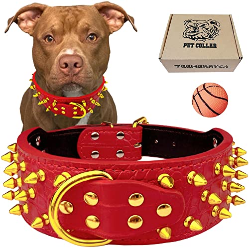 The Best Badass Dog Collars 9 TEEMERRYCA Wide Leather Spiked Studded Red Dog Collars with Gold ...