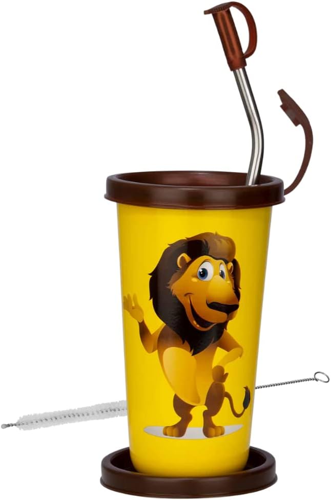 Stainless Steel Cartoon Print Glass/Tumbler With Steel Straw,Cleaning Brush & Food Grade Cap for Straw, 100% Leak Proof, BIS Certified, Jindal Seal & Made In India- 450ml (Yellow)