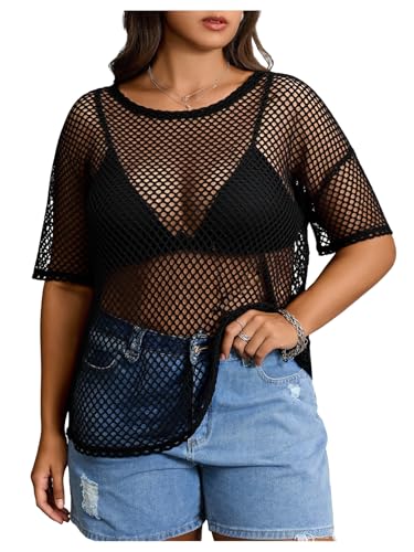 MakeMeChic Womens Plus Size Concert Outfits Fishnet Tops Black Rhinestone Mesh Short Sleeve Festival Tops Black Fishnet XX-Large Plus