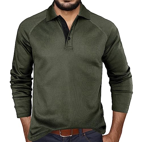 Tobysper Polo de manga larga para hombre, corte regular, básico, camisa de negocios, monocolor, para hombre, polo de golf, Verde militar., XXL