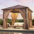 Aoxun 10'x10' Hardtop Gazebo, Outdoor Metal Gazebo with Polycarbonate Roof Canopy, Permanent Pavilion with Netting and Curtains for Lawn, Garden, Patio (Khaki, Single Roof)