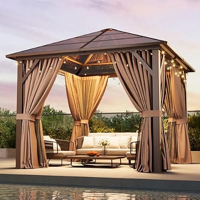 Aoxun 10'x10' Hardtop Gazebo, Outdoor Metal Gazebo with Polycarbonate Roof Canopy, Permanent Pavilion with Netting and Curtains for Lawn, Garden, Patio (Khaki, Single Roof)