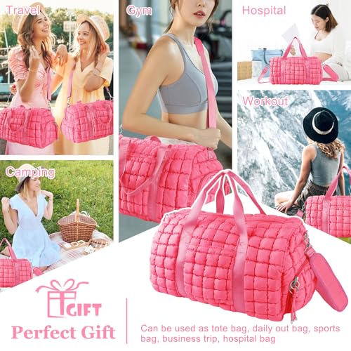 Image of Quilted Travel Duffle Bag Gym Bag for Women,Large Puffer Duffle Weekender Bag with Compartment,Workout Overnight Carry on Organizer Bag Duffle Bag for Airplane Travel(L-Pink)