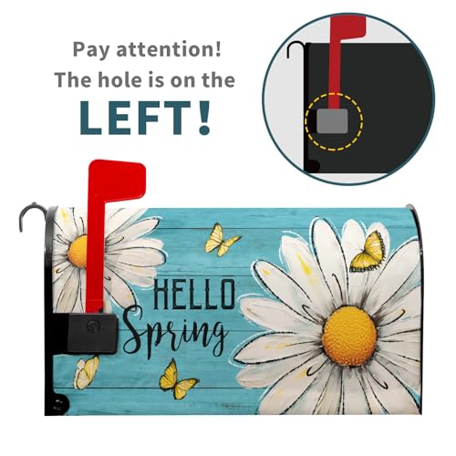 Image of Rustic Spring Daisy Magnetic Mailbox Cover - Standard Size 21x18 Inch Hello Spring Floral Decal - Teal Wrap for Post Letter Box - Outdoor Decorations