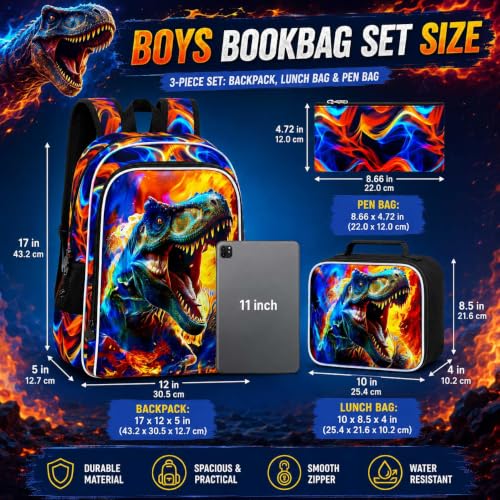 Image of 17 inch Dinosaur Backpack for Boy, 3Pcs Fire Bookbag for Elementary Preschool Kindergarten, Kids School Backpacks with Lunch Box (Red)