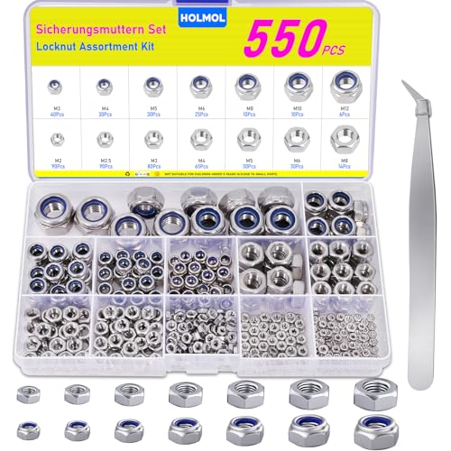 HOLMOL 550 Stück Sicherungsmuttern Sechskantmutter DIN985+DIN934 Edelstahl Muttern Set 9 Größen Selbstsichernde Muttern Set A2 V2A Edelstahlmutter mit Regelgewind M2 M2.5 M3 M4 M5 M6 M8 M10 M12