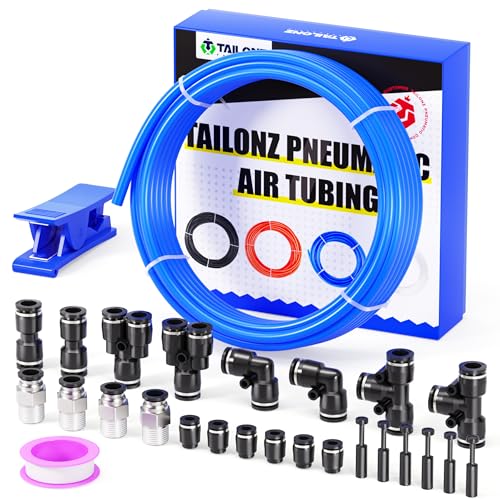 Image of TAILONZ PNEUMATIC Blue 1 /4 Inch OD 16 Meter 50ft PU Polyurethane Air Tubing Kit Pipe Hose Air Line Tubing Air Hose Fittings Push to Connect Fittings(27PCS)