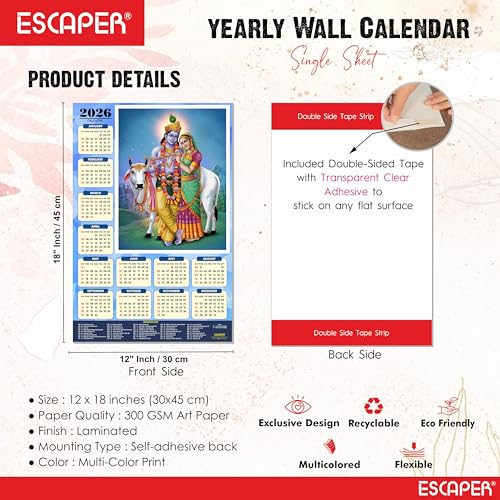 Image of ESCAPER Shree Krishna Wall Calendar 2025 (45 x 30 cm) - Radha Krishna Wall Decor, Laddu Gopal Photo, Bal Krishna Wall Calendar 2025, Religious Wall Calendar 2025, Bal Gopal Photo