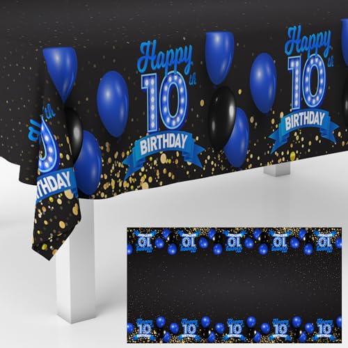 GZBJMYGS 10th Birthday Tablecloth Blue & Black 10 Years Birthday Party Photography Supplies Decor Men Women for Indoor Outdoor Party Supplies Rectangle Table Cover Picnic Decorations Glitter