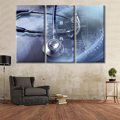 Image of Stethoscope Canvas Wall Art Stethoscope and Medical Wall Pictures Art Prints 3 Panels Medical Instrument Posters & Prints Giclee Print Stretched and Framed Ready to Hang (60 inch Wx40 H)