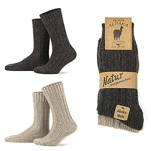 GoWith 2 Pairs Alpaca Wool Socks for Men/Women, Norwegian Winter Socks for Unisex, Thermal Crew Boot Socks, Hiking Thick Socks, Knitted Work Socks, Beige Brown