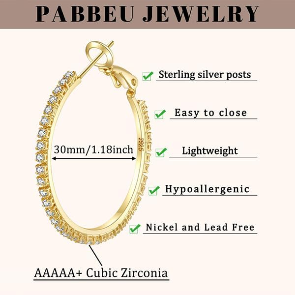 PABBEU 2mm 925 Sterling Silver Earrings Big Sterling Silver Hoop Earrings for Women Large Rhinestone Hoop Earrings Thin Hypoallergenic Cubic Zirconia Earrings for Women 30/40/50/60/70mm - Image 3