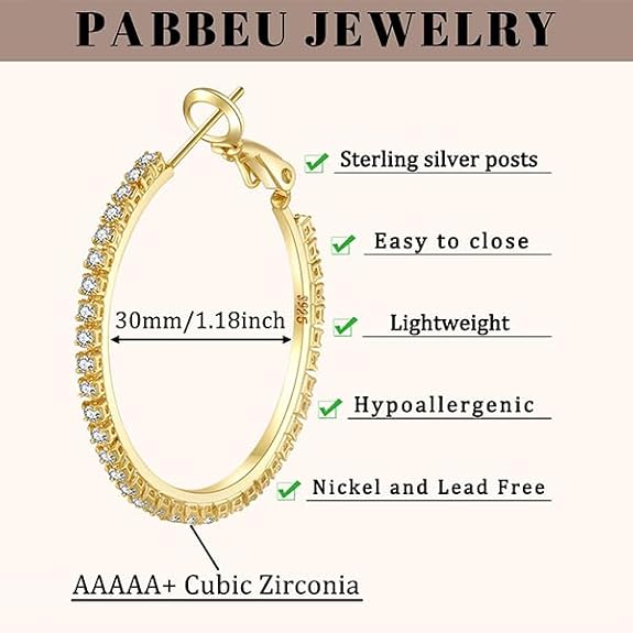 PABBEU 2mm 925 Sterling Silver Earrings Big Sterling Silver Hoop Earrings for Women Large Rhinestone Hoop Earrings Thin Hypoallergenic Cubic Zirconia Earrings for Women 30/40/50/60/70mm