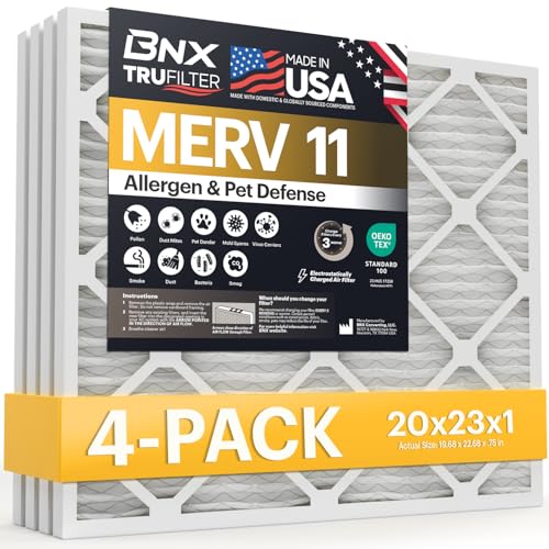 Image of BNX TruFilter 20x23x1 Air Filter MERV 11 (4-Pack) - MADE IN USA - Allergen Defense Electrostatic Pleated Air Conditioner HVAC AC Furnace Filters for Allergies, Dust, Pet, Smoke, Allergy MPR 1200 FPR 7