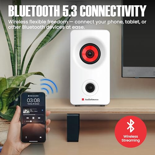 Image of Audiosource Desktop PC Speakers with Bluetooth 5.3, USB-C Plug & Play, 2.0 Stereo Computer Speakers with Dual 2 inch Drivers, Compact Design, AUX Input, LED Indicator (White)