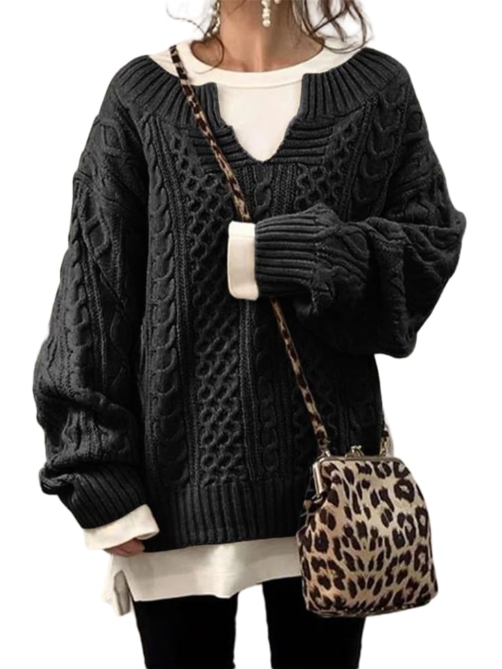 Womens Fall Oversized Sweaters 2025 Casual Long Sleeve V Neck Cable Knit Pullover Jumper Tops