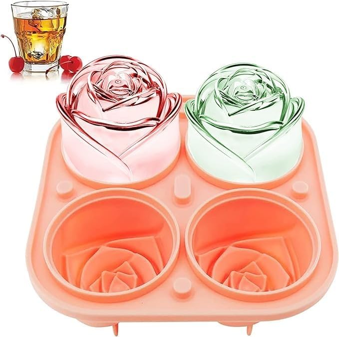 VIVUE 3D Rose Ice Molds 2.Inch, Large Ice Cube Trays, Make 4 Giant Cute Flower Shape Ice, Silicone Rubber Fun Big Ice Ball Maker for Cocktails Juice Whiskey Bourbon Freezer, Dishwasher Safe, Pink