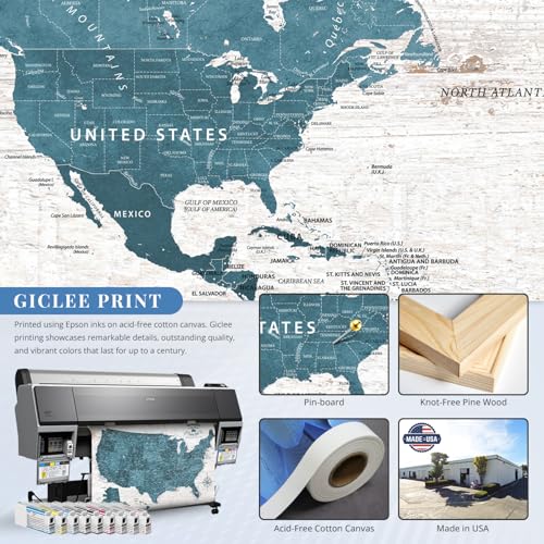Image of IPIC - Antique Blue World Map & USA Map Canvas Wall Art Set of 2, Travel Wall Decor with Pins Included, Ready to Hang for Office or Living Room, 36x24 Inch