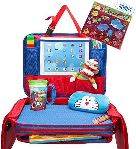 Kids Travel Tray - Detachable Top 4-in-1 Car Organizer w Tablet Holder - Play Snack Lap Table - On The Go Activity Desk for Children Toddlers - Backseat Storage - Stroller Accessories w Extra Bonus