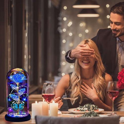 Image of Mothers Day Roses Flowers Gifts for Mom Women Wife,Mother Day Rose Gifts for Mom Women,Light Up Rose in A Glass Dome Butterfly Birthday Presents Wife Grandma from Daughter Blue