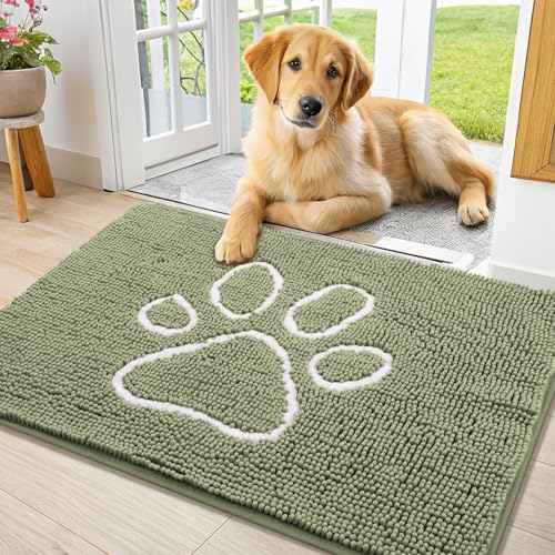 Image of Smiry Dog Door Mat for Muddy Paws, Absorbent Dirt Trapper Non Slip Quick Dry Washable Chenille Mat for Mud Dogs, Entry Rug for Indoor and Outdoor (36x24 Inches, Sage Green and White)
