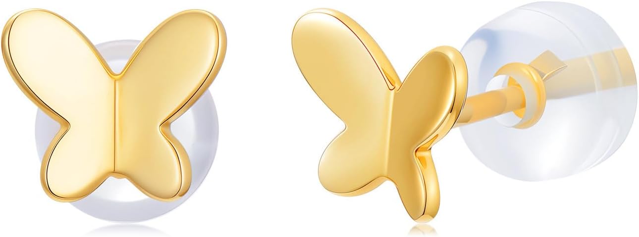 14k Gold Butterfly Stud Earrings for Women Teens, 14 Carat Yellow Gold Earring for Her