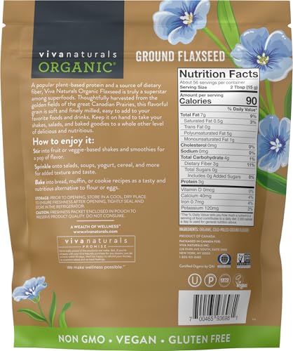 Image of Viva Naturals Organic Ground Flaxseed,30 oz (850 g) - Plant-Based Protein,Vegan Omega-3 & Fiber,Finely Milled Flax Seeds,Perfect for Smoothies & Baking,(Pack of 2)