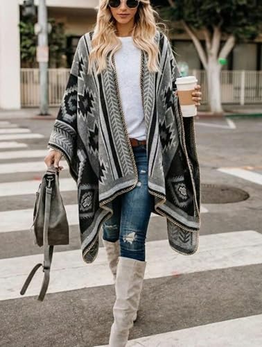 Image of Bestshe Women's Boho Open Front Poncho Plaid Shawl Wrap Cape | Tassel Cardigan Sweater, Cozy Layering, Fall Winter Clothes for Women