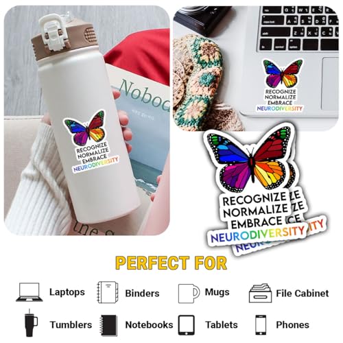 Image of 3 Pcs Recognize Normalize Embrace Neurodiversity Sticker - Rainbow Butterfly Autism & Mental Health Awareness Neuroscience Stickers for Water Bottle, Laptop, Car, Helmet, Notebook, Phone (S1, 6 inch)