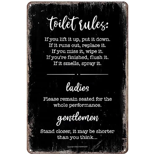 KAIMKEART Letrero rústico retro de reglas de baño, decoración de pared de metal de 8 x 12 pulgadas para baño de invitados, inodoro o baño, recordatorio divertido y elegante de la etiqueta del baño