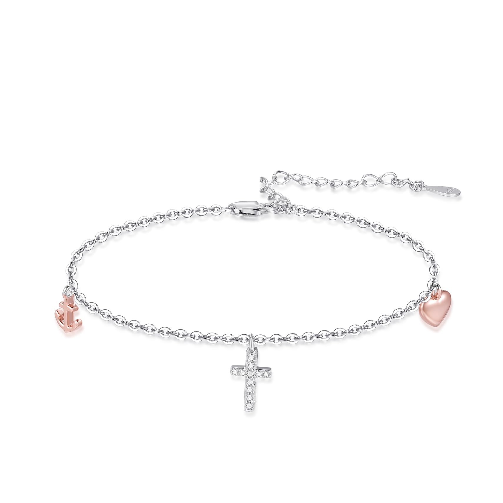 OHAYOO Armband Kreuz Damen 925 Sterling Silber Rosegold Anker Herz Armband Schmuck Geschenke für Freundin Frauen Mädchen Mama
