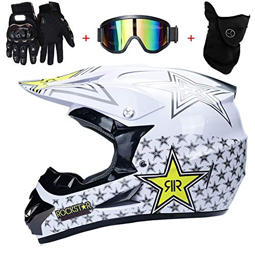 AMITD Adulto Rockstar Motocross Casco Regalos Gafas máscara Guantes Moto Carreras Casco Cara Completa para el Hombre y la Mujer, White, L Cover