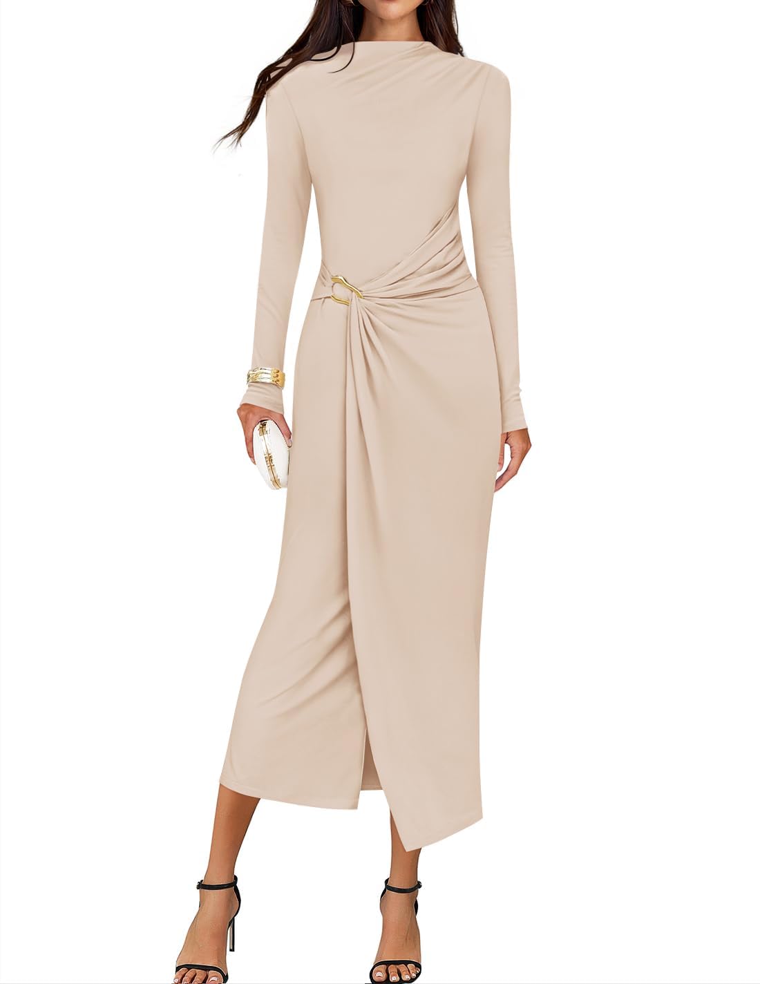 ZESICA Women's 2025 Fall Long Sleeve Bodycon Dress Mock Neck Wedding Guest Cocktail Party Long Midi Dresses, Apricot, M