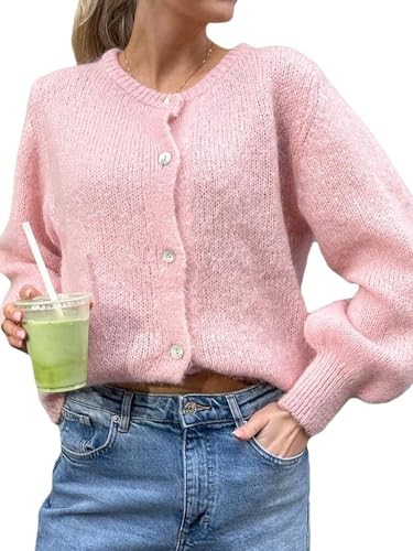 PGPBVLVGHM Cárdigan de Punto Corto for Mujer, suéter Tipo cárdigan Liso con Botones y Cuello Redondo de Manga Larga, Tops de Punto Cortos Informales(A-c-Pink,S)