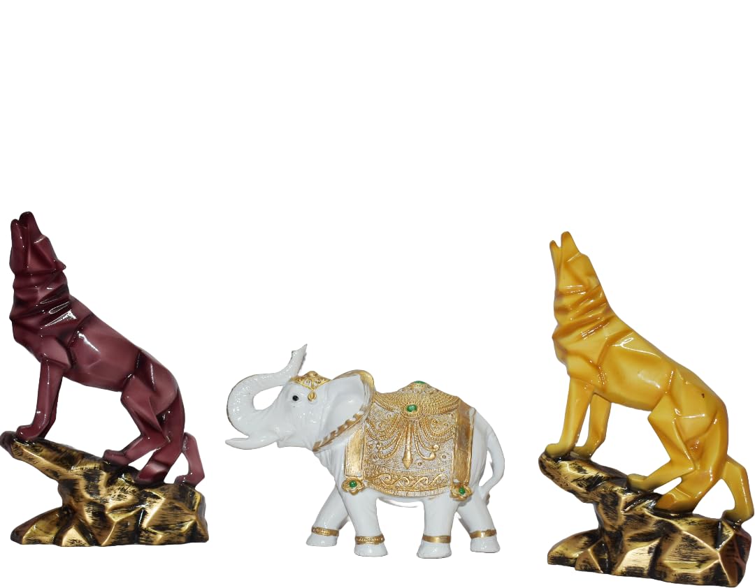 ARADH Enchanting Elephant & Wolf Pair Statue – a Striking showpiece Seamlessly Marrying Artistry with Symbolism .Ideal for Living Rooms, Offices & Home Decor | 10 Inches (Yellow & White)