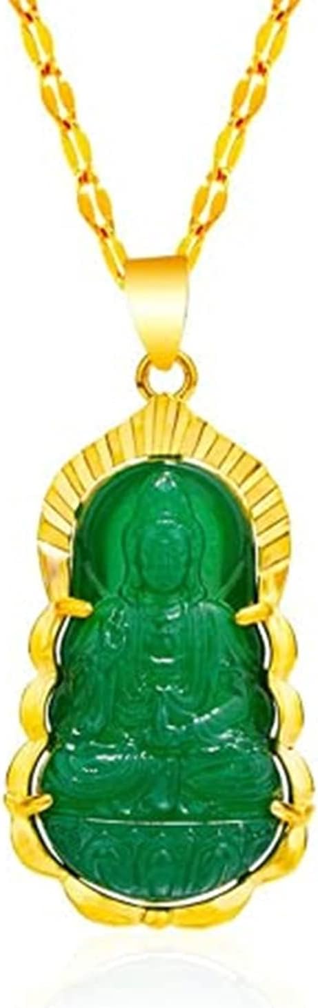 Buddha Quan Yin Pendant Guan Yin Beaded Chain Necklace Jade Stone Beads Kwan-yin Chinese Feng Shui Amulet for Wealth Safe (Golden)