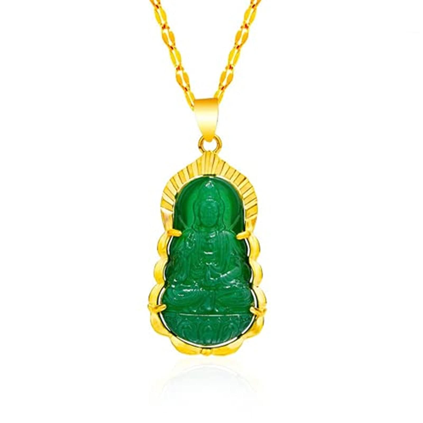 Buddha Quan Yin Pendant Guan Yin Beaded Chain Necklace Jade Stone Beads Kwan-yin Chinese Feng Shui Amulet for Wealth Safe (Golden)
