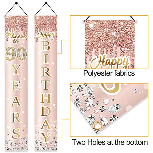 Image of 90th Birthday Decorations Door Banner for Women, Pink Rose Gold Cheers to 90 Years Birthday Backdrop Sign Party Supplies, Happy Ninety Birthday Porch Decor for Indoor Outdoor