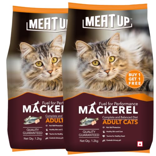 Image of Meat Up Adult Dry Cat Food Total 2.4Kg | Mackerel Flavour | Supports Urinary pH Balance | Reduces Hairball Formation | Promotes Skin & Coat Health | Taurine for Cardiac Support