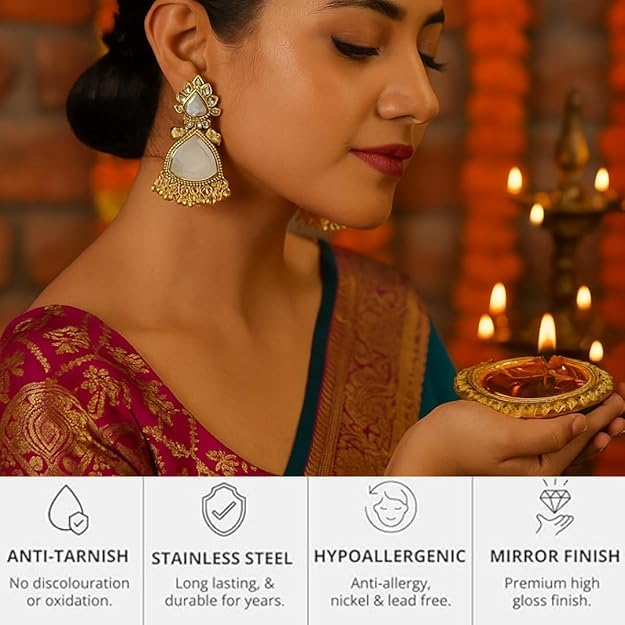 Image of Premium Oxidized Gold Chunky Jhumki Earrings for Women - Heavy Statement Jhumka with Long Chain & Ghungroo Drops | Anti-Tarnish Hypoallergenic Mirror Finish | Bridal, Navratri, Garba, Diwali
