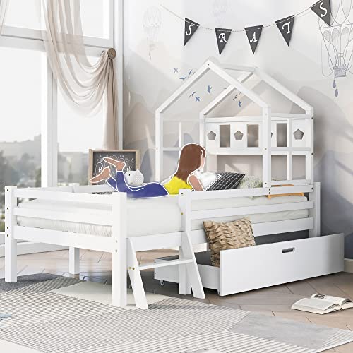 Hausbett Spielbett Kinder Bett, Vielseitiges Kiefernrahmen Kinderbett mit Leiter und Schubladen, Hochbett Massivholz mit Rausfallschutz 90x200cm Weiß Cover