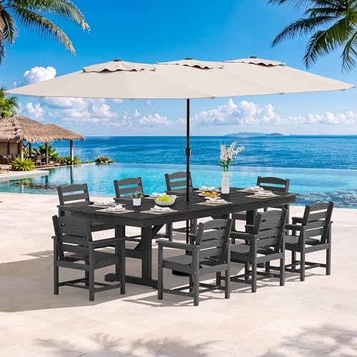 Image of SERWALL 10 Piece 84 inch HDPE Outdoor Dining Set for 8 with 15ft Double-Sided Umbrella, Black
