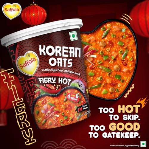 Image of Saffola Korean Cuppa Oats, Fiery Hot, with chilli dressing sachet, No added preservatives, Ready in 4 mins, 56g (Pack of 2)