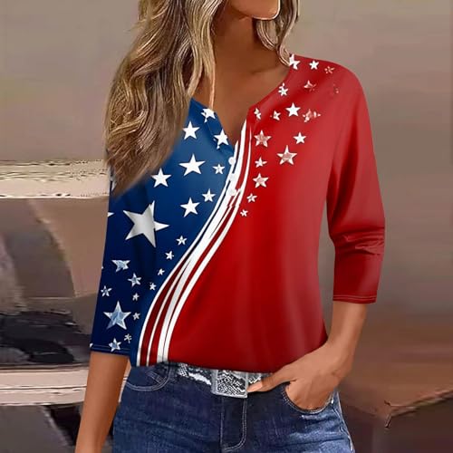 Image of 4th of July Shirts Women 3 /4 Length Sleeve Womens Tops Henley Neck Casual Patriotic T Shirts