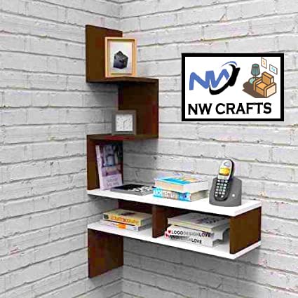 NW CRAFTS Wooden Zig Zag Wall Hanging Rack Shelf | Corner Shelf | Book Shelf | Flower Pot Stand | Bathroom Shelf for Living Room Bedroom and Office (Brown)